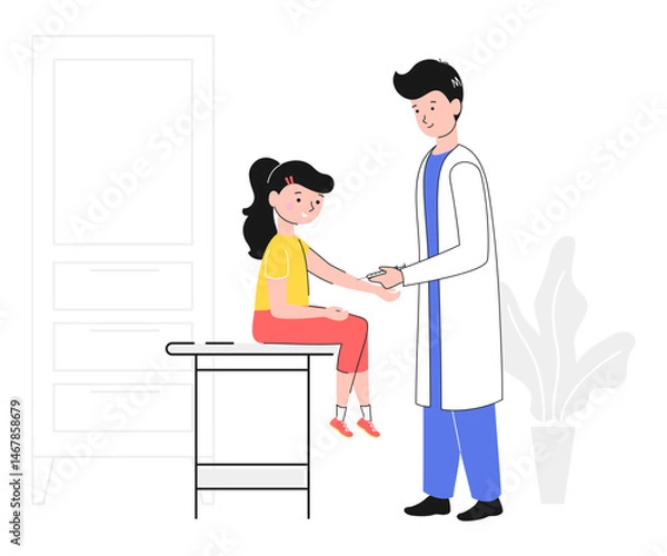 Fototapeta Cartoon Color Character Doctor and Girl Vaccination Concept Flat Design Style and Line Elements. Vector illustration of Patient Visit