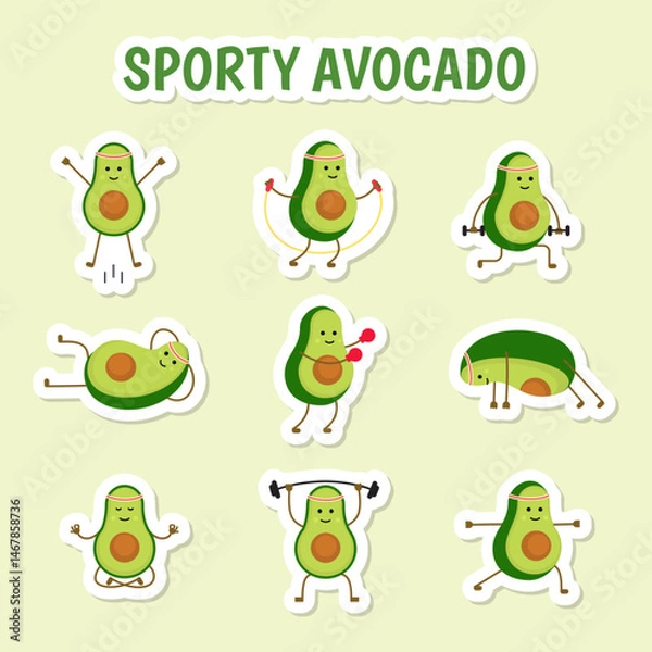 Fototapeta Cartoon Color Characters Avocado Sport Stickers Set Fitness Gym Concept Flat Design Style. Vector illustration of Sticker