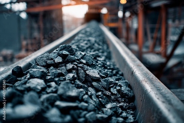 Fototapeta A conveyor belt carries dark coal through a busy industrial site at dawn. The soft glow of morning light highlights the rough texture of the coal and the surrounding equipment