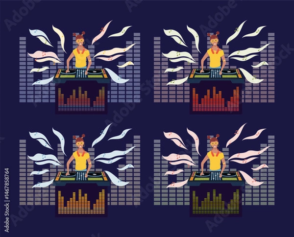 Fototapeta Cartoon Color Character Person Female DJ in Night Club Concept Set Include of Headphone and Mixer . Vector illustration