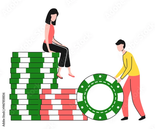 Fototapeta Cartoon Color Characters People with Chips Stacks Casino Concept Flat Design Style and Line Elements. Vector illustration