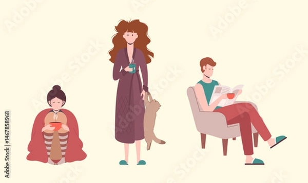 Fototapeta Cartoon Color Characters People Drinking Coffee at Home Concept Flat Design Style. Vector illustration of Person with Hot Drink