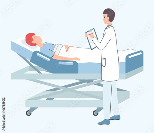 Fototapeta Cartoon Color Character Doctor is Visiting a Man Lying on Bed Concept Flat Design Style. Vector illustration