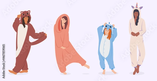 Fototapeta Cartoon Color Characters Girls in Pajamas Concept Flat Design Style. Vector illustration of Cat, Bunny and Unicorn