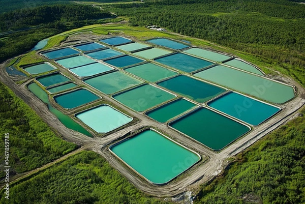 Fototapeta Overview of lithium mining ponds in an industrial area Generative AI