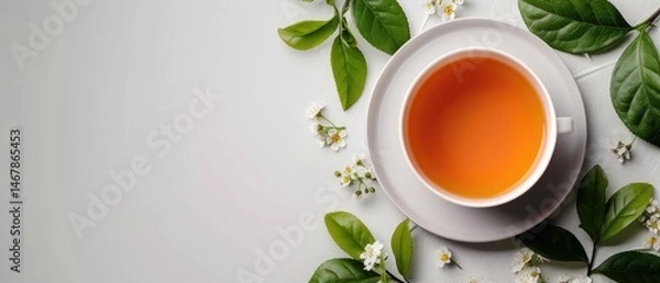 Fototapeta Cup of herbal tea with green leaves on a colorful background. Tea and nature concept. Top down aerial view of tea or brown liquid in tea cup decorated with tea leaves. Herbal drink design. AIG55.