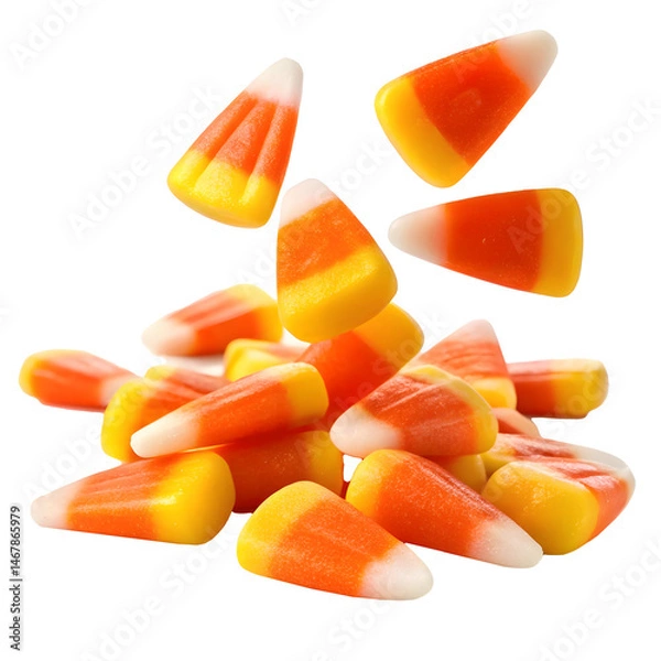 Obraz Colorful candy corn scattered on a white background during Halloween season