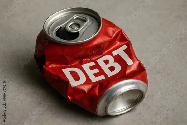 Obraz Crushed Red Soda Can Labeled “Debt” as a Symbol of Financial Pressure
