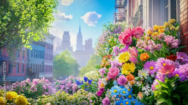 Obraz Vibrant flower beds bloom against a backdrop of city skyline and sunny sky