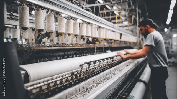 Fototapeta Industrial textile machinery in operation with a worker.