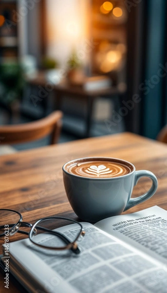 Fototapeta Coffeehouse interior. Blurred bokeh background. Cup of cappuccino. Open book