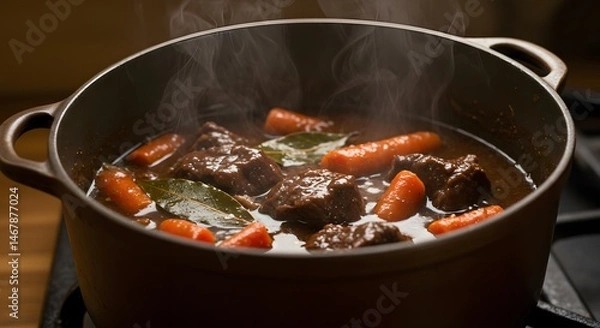 Fototapeta A close up shot of a pot of beef stew with carrots and bay leaves steaming on a stovetop