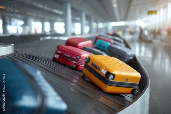 Fototapeta Passengers Await Their Luggage at the Busy Airport Baggage Carousel With Colorful Suitcases Spinning Around Generative AI
