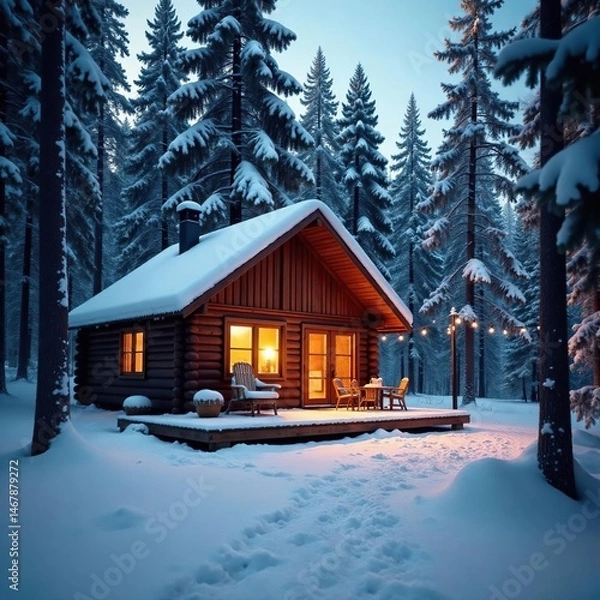Fototapeta Cozy cabin nestled in snowy woods, fireplace glow visible, christmas, idyllic, wood