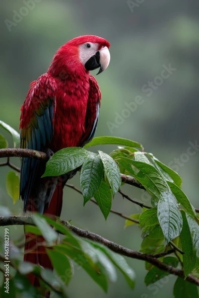 Fototapeta Colorful macaw perched on a branch in a lush tropical rainforest