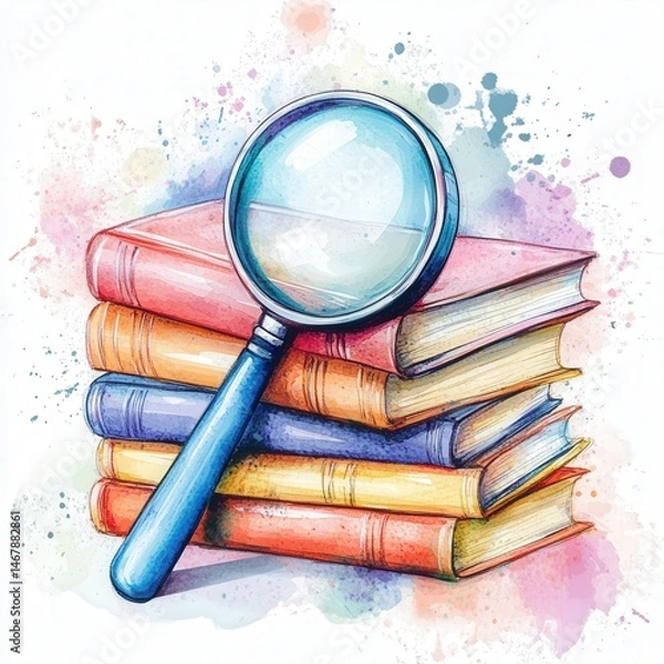 Fototapeta Magnifying glass over stack of colorful books art