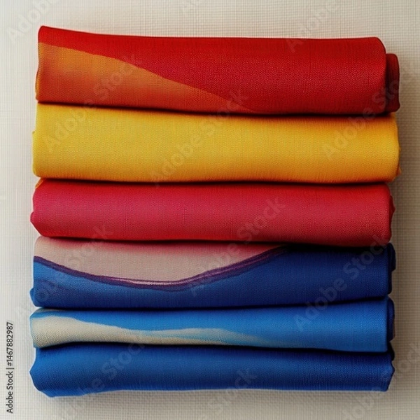 Fototapeta Stack of colorful folded cloths on a white surface