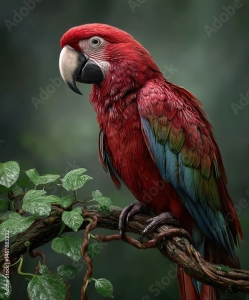 Fototapeta Bright red macaw perched on a branch with lush green leaves in nature