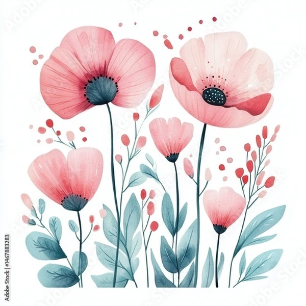 Fototapeta Watercolor painting of pink flowers on white canvas