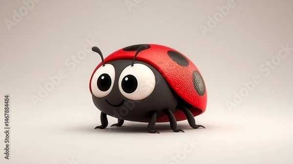 Fototapeta A cheerful cartoon ladybug toy with big eyes and a smiling face, sitting on a plain background.