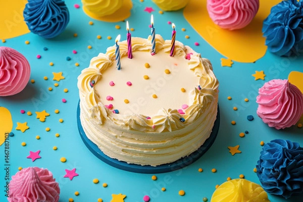 Obraz Birthday cake with candles and cupcakes.