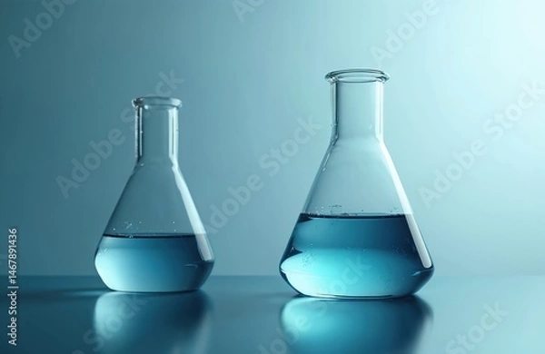 Fototapeta Two glass flasks filled with blue liquid in a lab. Scientific research, chemistry and medicine experiments. Health science lab, biotechnology research. Banner background for science tech themes.