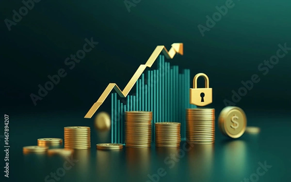 Fototapeta Secure financial growth concept with golden coins chart padlock and dollar symbol
