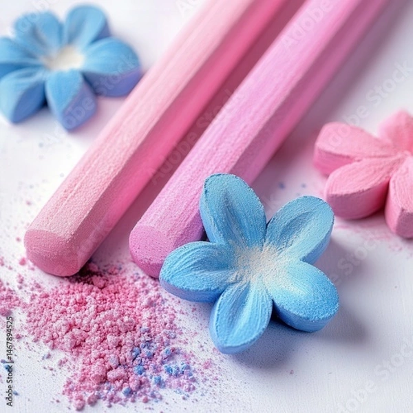 Fototapeta Pastel chalks and flower shapes on white surface