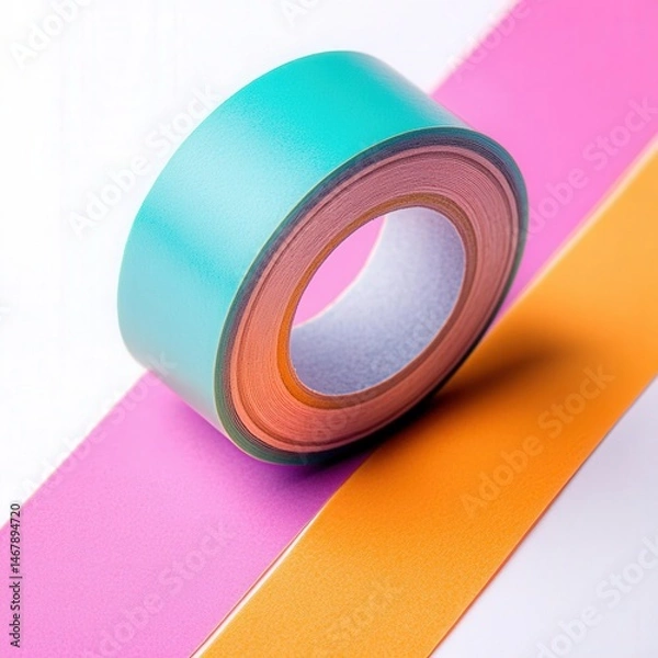 Fototapeta Roll of tape on colorful surface against white space