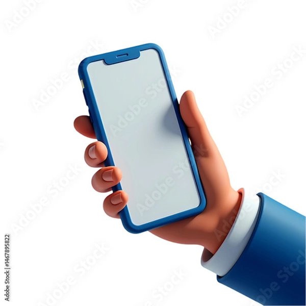 Obraz 3D Render of Hand Holding Blue Smartphone Mockup for App Design and Mobile Marketing isolated on transparent background