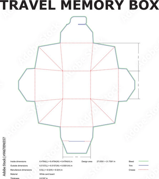 Fototapeta Vector illustration of a travel memory box die cut template for packaging and design projects