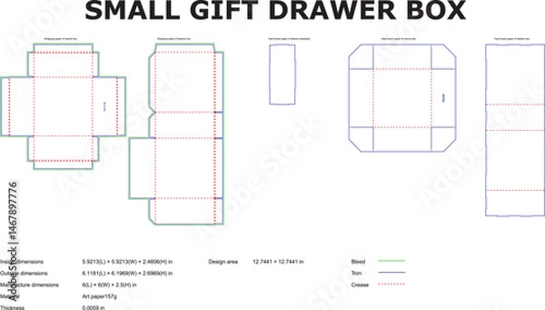 Fototapeta Detailed technical vector blueprint of a small gift drawer box packaging design template