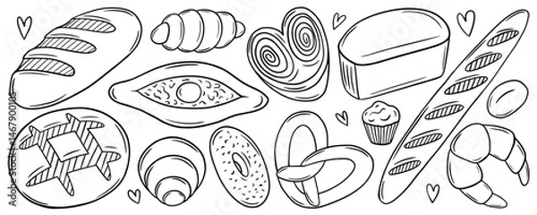 Obraz Bakery products sketch vector set. Hand drawn bread and loaf kinds set