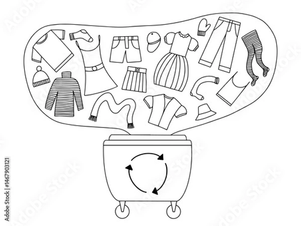 Obraz Textile recycling vector illustration. Hand drawn sketch of recycled clothes throwing in waste bin