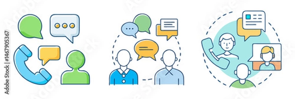 Obraz Illustrations depicting communication methods like phone call, meeting and video call