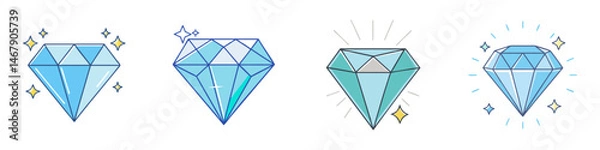 Fototapeta Four vector image renderings of shining diamonds in different styles on white