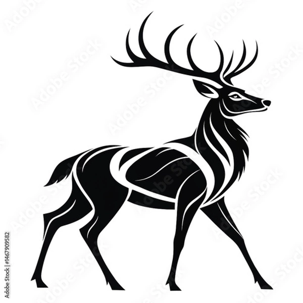 Fototapeta Timeless Silhouette of a Stag with Majestic Antlers Against a Pure White Background, Silhouette of Deer with Antlers on White Background