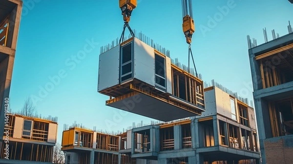 Obraz Efficient Construction: Crane Lifting Modular Unit for Modern Building Project