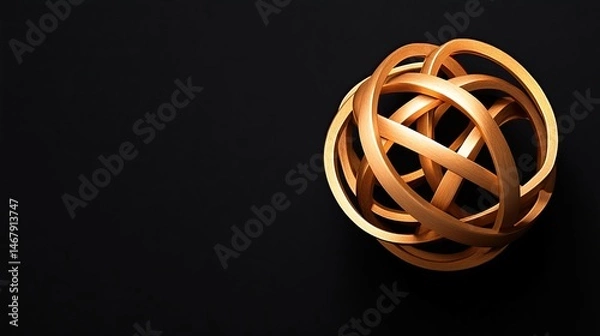 Fototapeta Abstract design with tangled black and yellow elastic rubber bands forming a circle object on a dark background