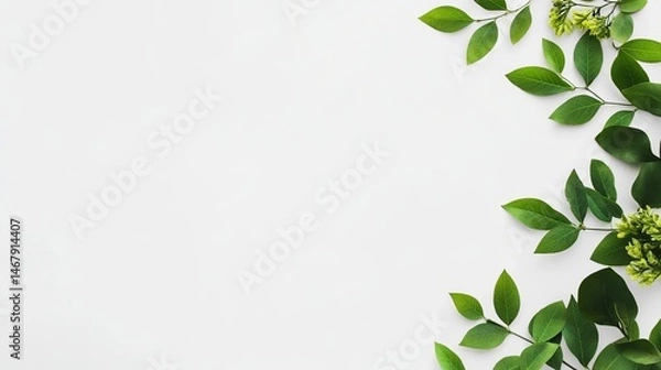 Fototapeta Fresh green foliage of leaves forms a natural frame and border design, a spring and summer floral decoration on a white background, illustrating nature's beauty