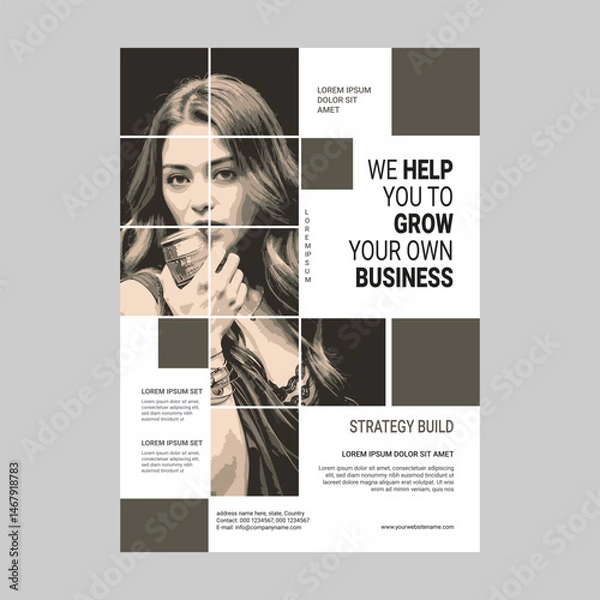Fototapeta Modern Business Growth and Strategy Flyer Featuring Grid Layout, Promotional Text, and Contact Information for Professional Branding and Corporate Marketing