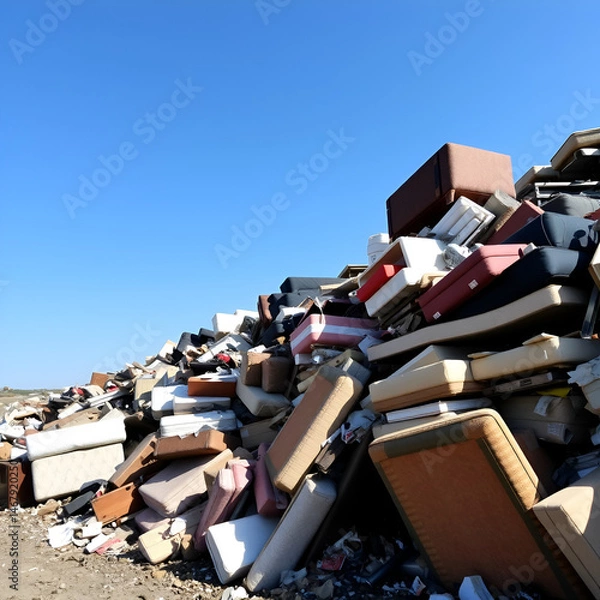 Obraz Landfill Site Overflowing with Discarded Furniture and Mattresses Under Clear Sky