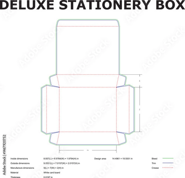 Fototapeta Detailed blueprint and measurements for a deluxe stationery box made of white card board for packaging and design purposes.