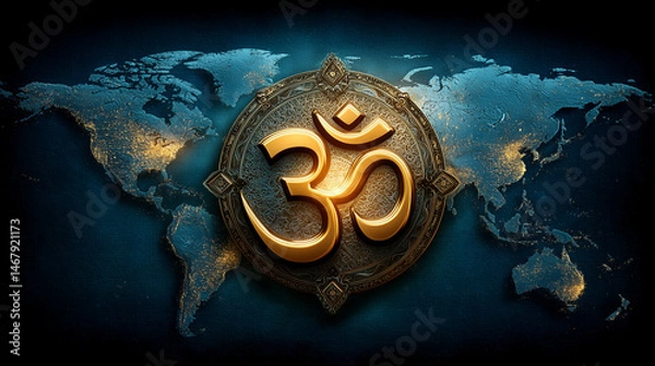 Obraz Golden Om symbol over world map in digital art