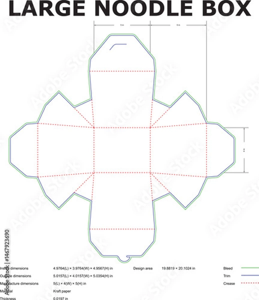Obraz Blueprint template of a large noodle box layout with detailed dimensions and measurement guides for packaging design