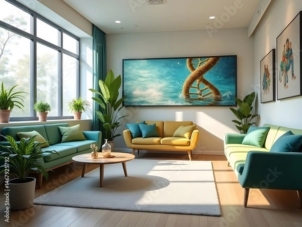 Fototapeta Wellness Lounge An inviting space within the clinic with comfortable seating plants and digital displays promoting a healthy lifestyle alongside gene therapy..