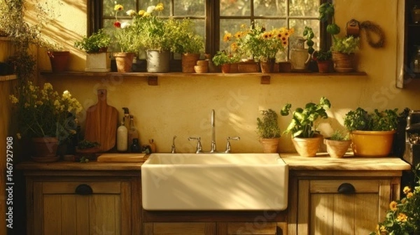 Obraz The rustic style is evident in the wooden cabinets and terracotta pots