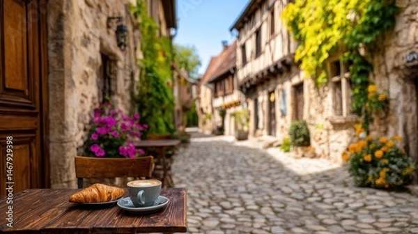 Fototapeta Enjoying a Coffee and Croissant in a Charming European Village Street