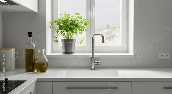 Fototapeta A bright kitchen featuring a window with a plant and bottles on the countertop space