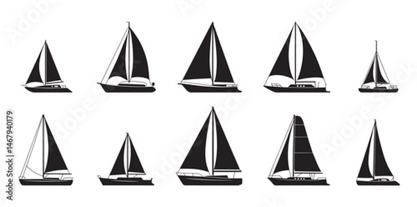 Obraz Ten Different Types of Sailboats Black Silhouettes Collection